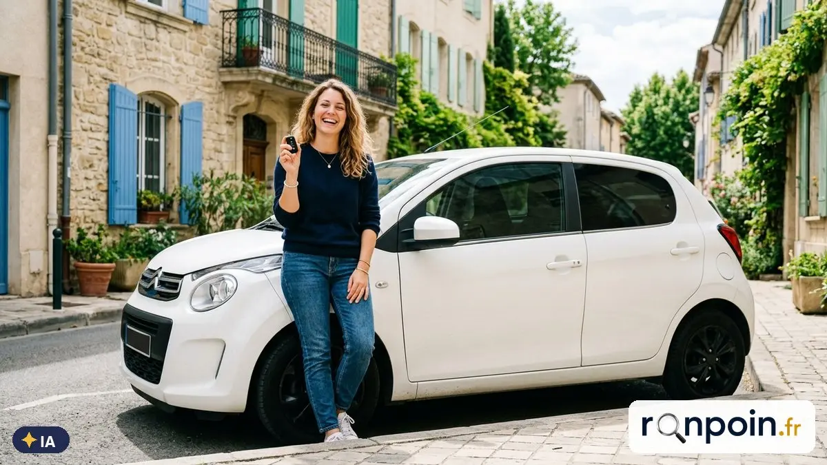 Jeune conductrice souriante tenant les clés à côté d'une citadine blanche — illustration générée par IA