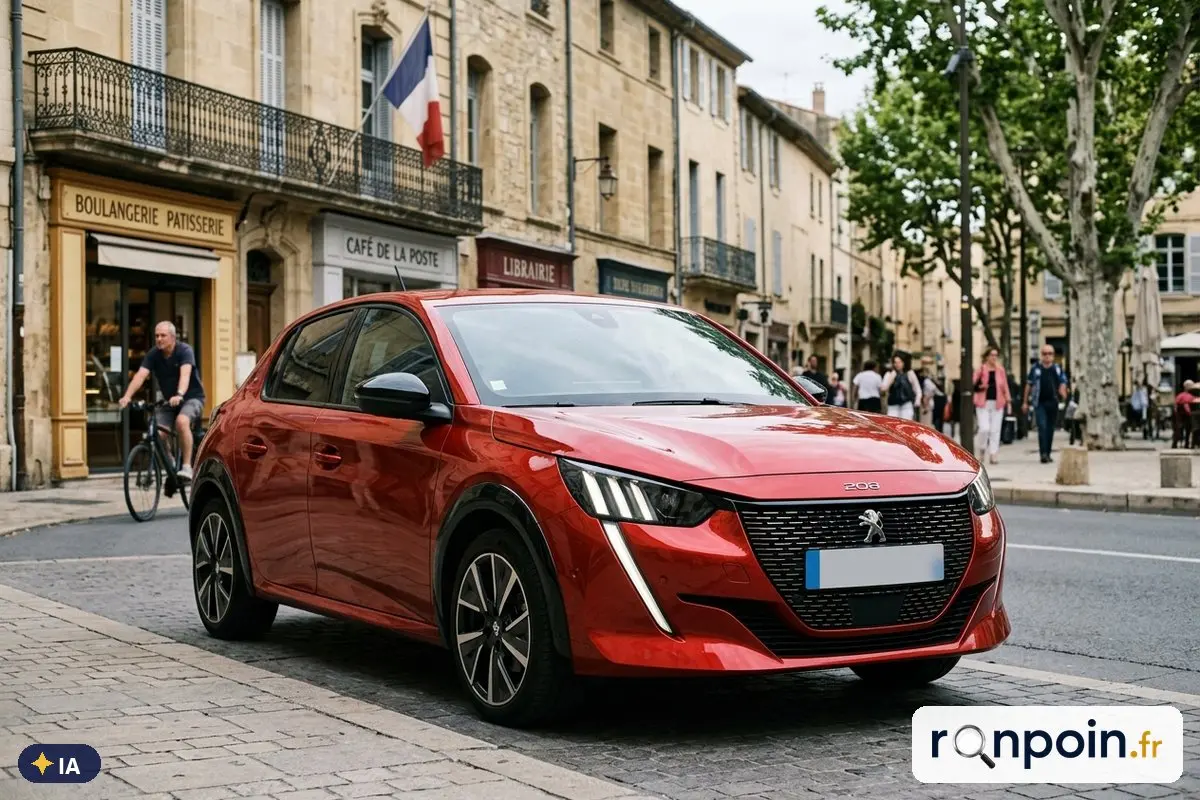 Peugeot 208 II rouge de trois quarts avant — illustration générée par IA